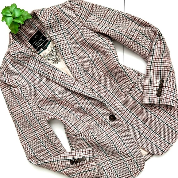 J. Crew Parke Plaid Nello Gori Wool Blazer Italian Neutral Houndstooth Size 00 - Picture 1 of 12
